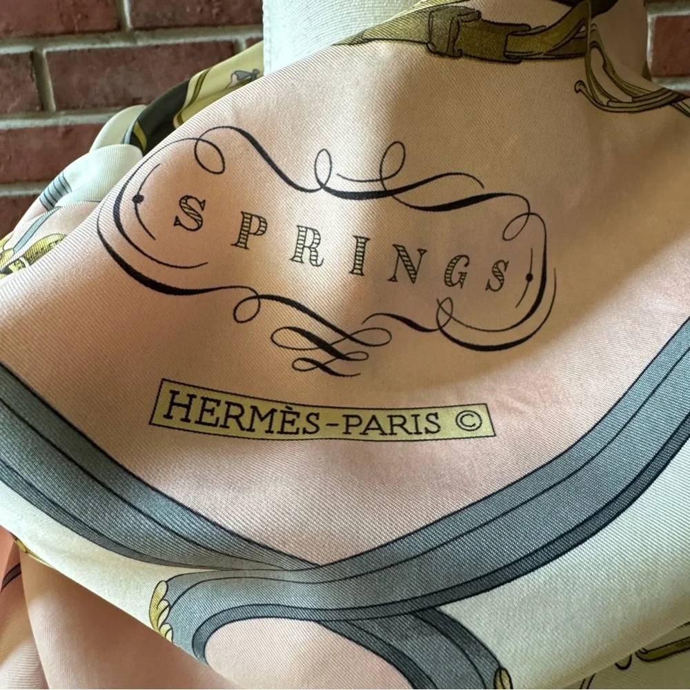 •Hermes Springs Vintage Signed Silk Scarf by Philippe LeDoux Hand-rolled 34”x35”